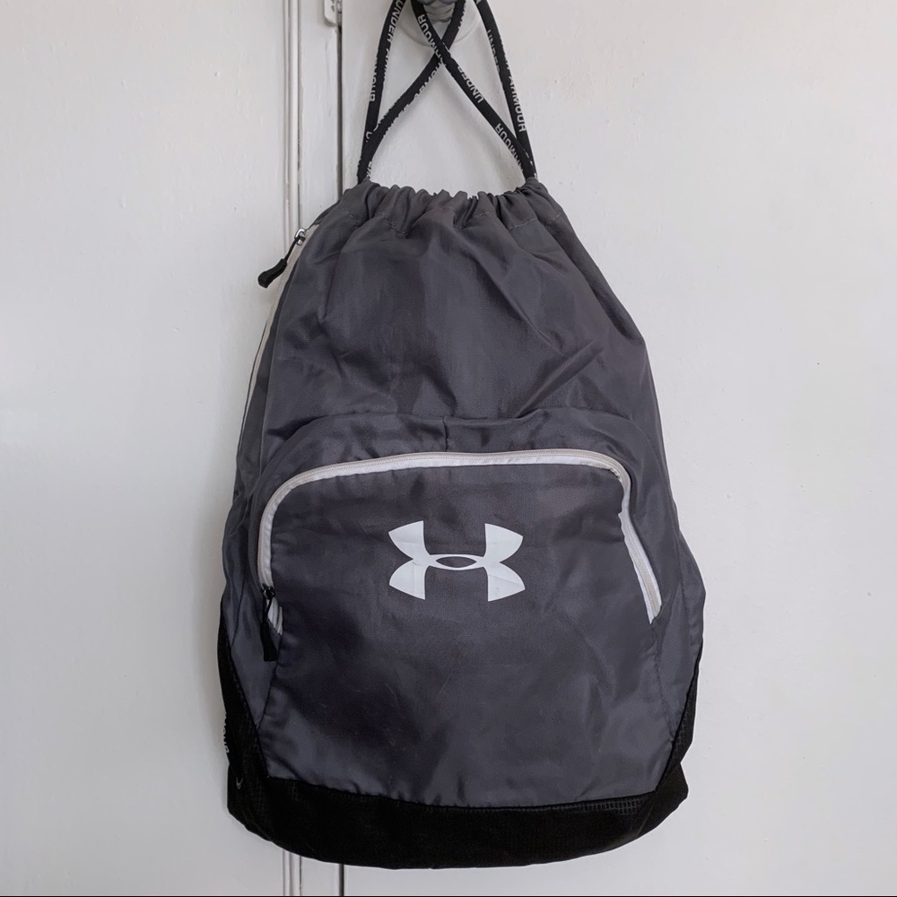 Under Armour Drawstring Bag Gym Gray White Workout Backpack Daypack School Y2K